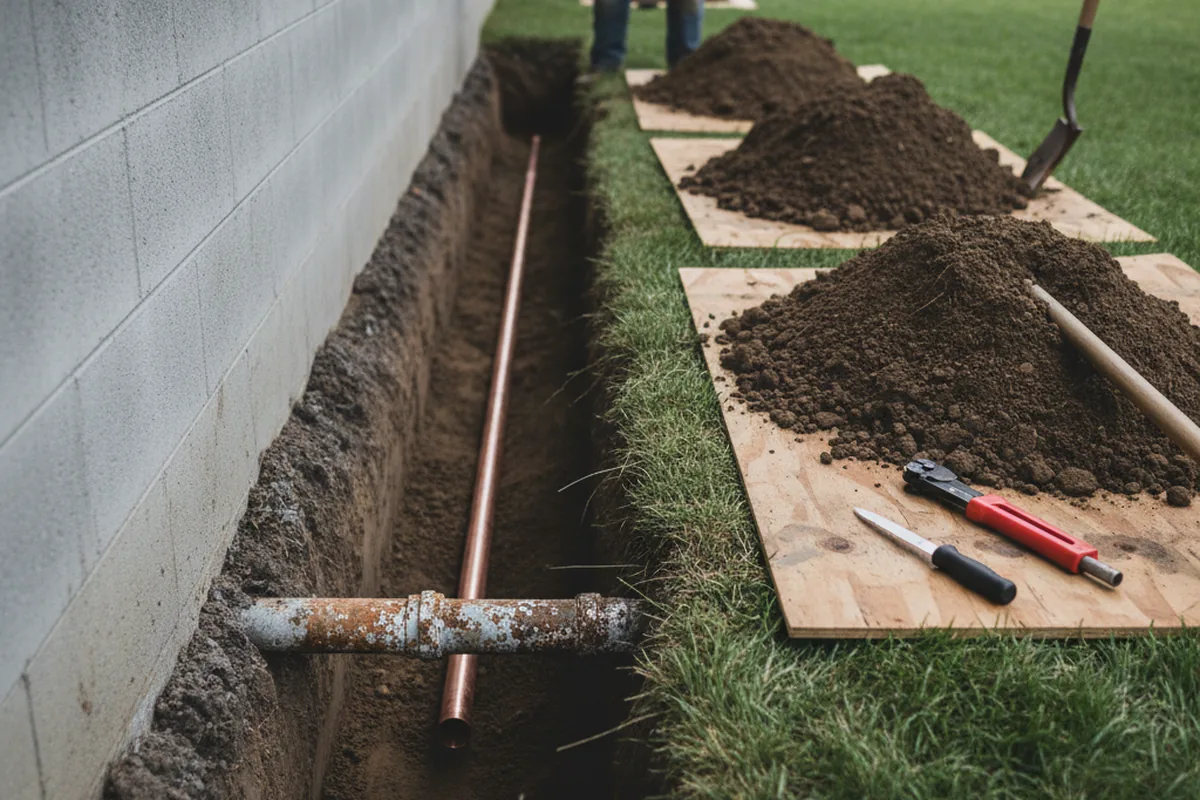 Excavated water line trench during Water Softener Installation in Ames